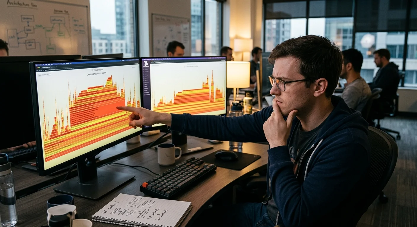 Developer reviewing code profiling results on a monitor showing flame graph visualization
