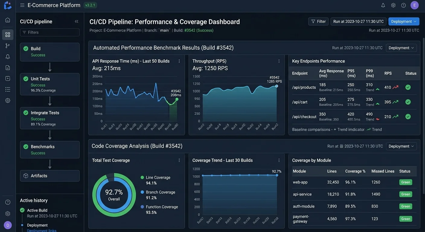 CI/CD pipeline dashboard displaying performance benchmarks and code coverage metrics