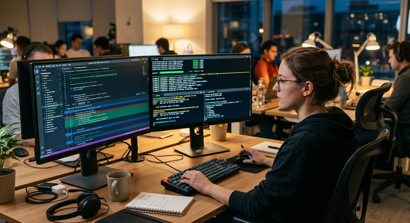 Developer refactoring code with automated tests running on screen