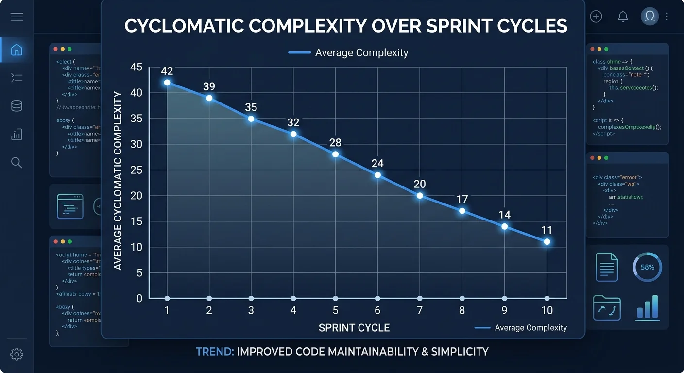 Line chart showing decreasing code complexity metrics over time through consistent refactoring