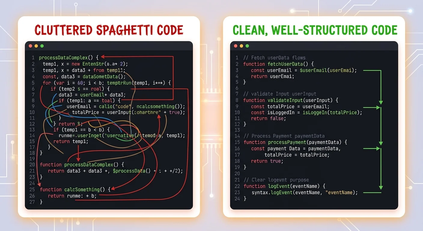 Side-by-side visual of messy versus clean code structure