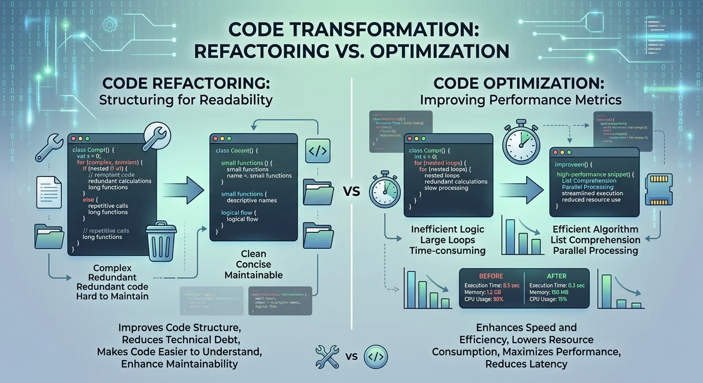 Comparison diagram showing code refactoring versus code optimization processes