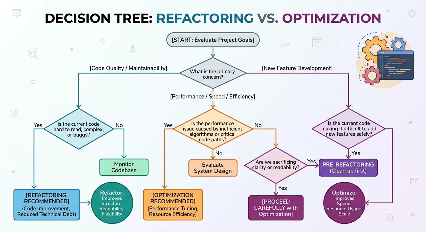 Decision flowchart helping developers choose between refactoring and optimization approaches
